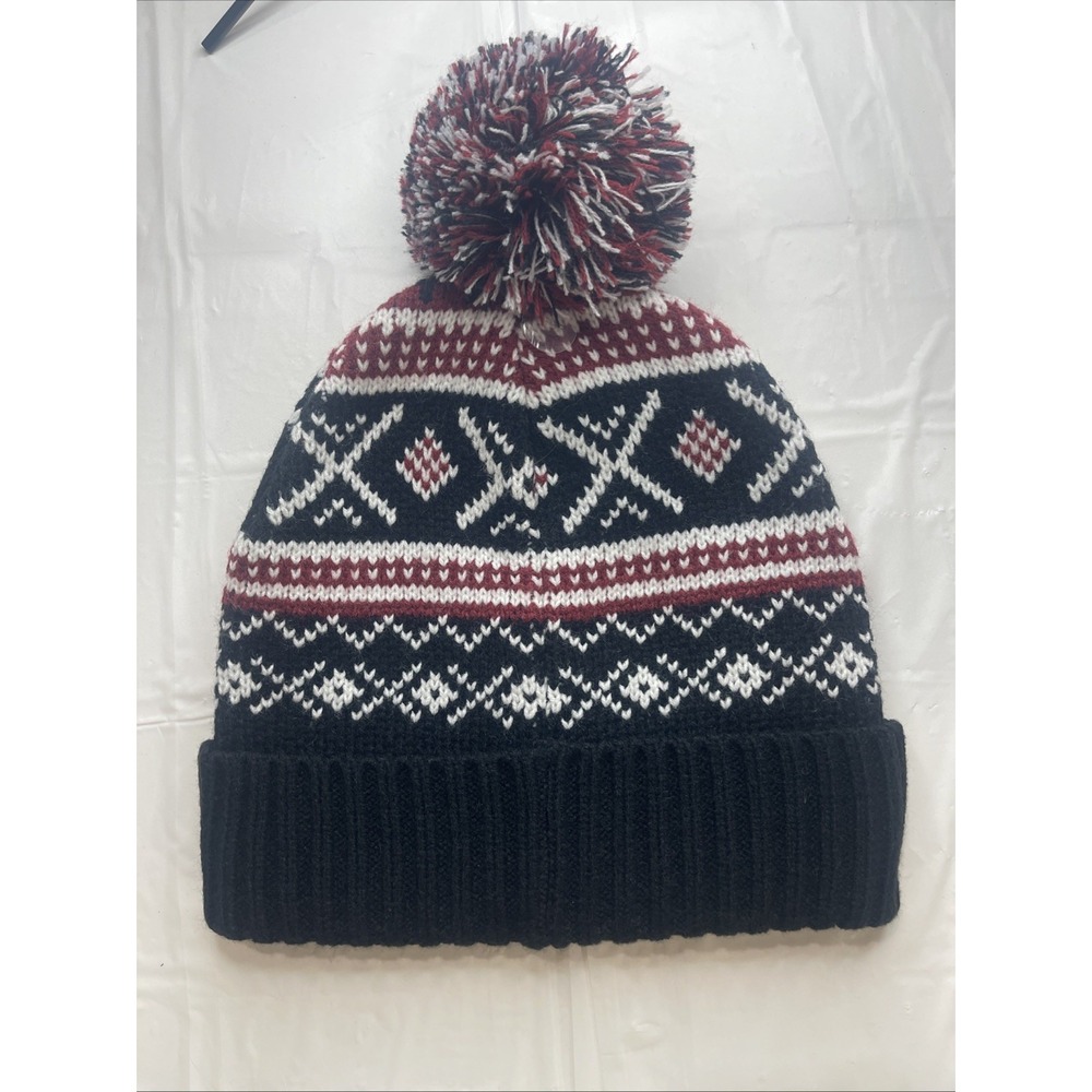 ALDO Winter Hat Beanie Cap with Puff Ball One Size Black White Red New with Tags - Picture 2 of 2